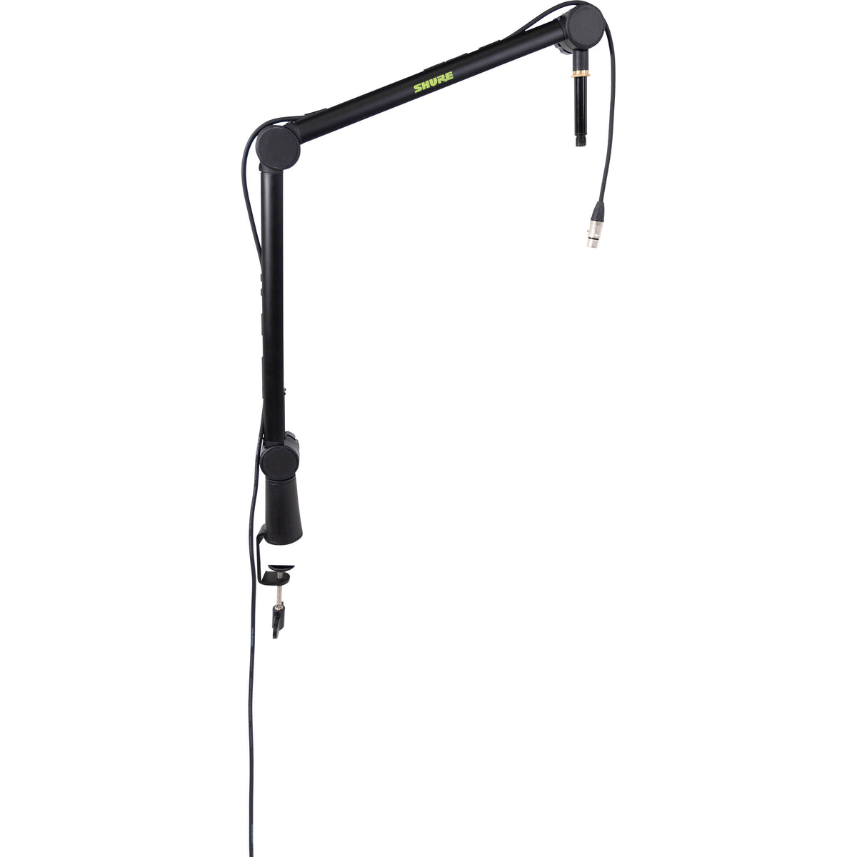 Shure SH-BROADCAST1 broadcast microphone arm mounted on a desk with a professional microphone attached.