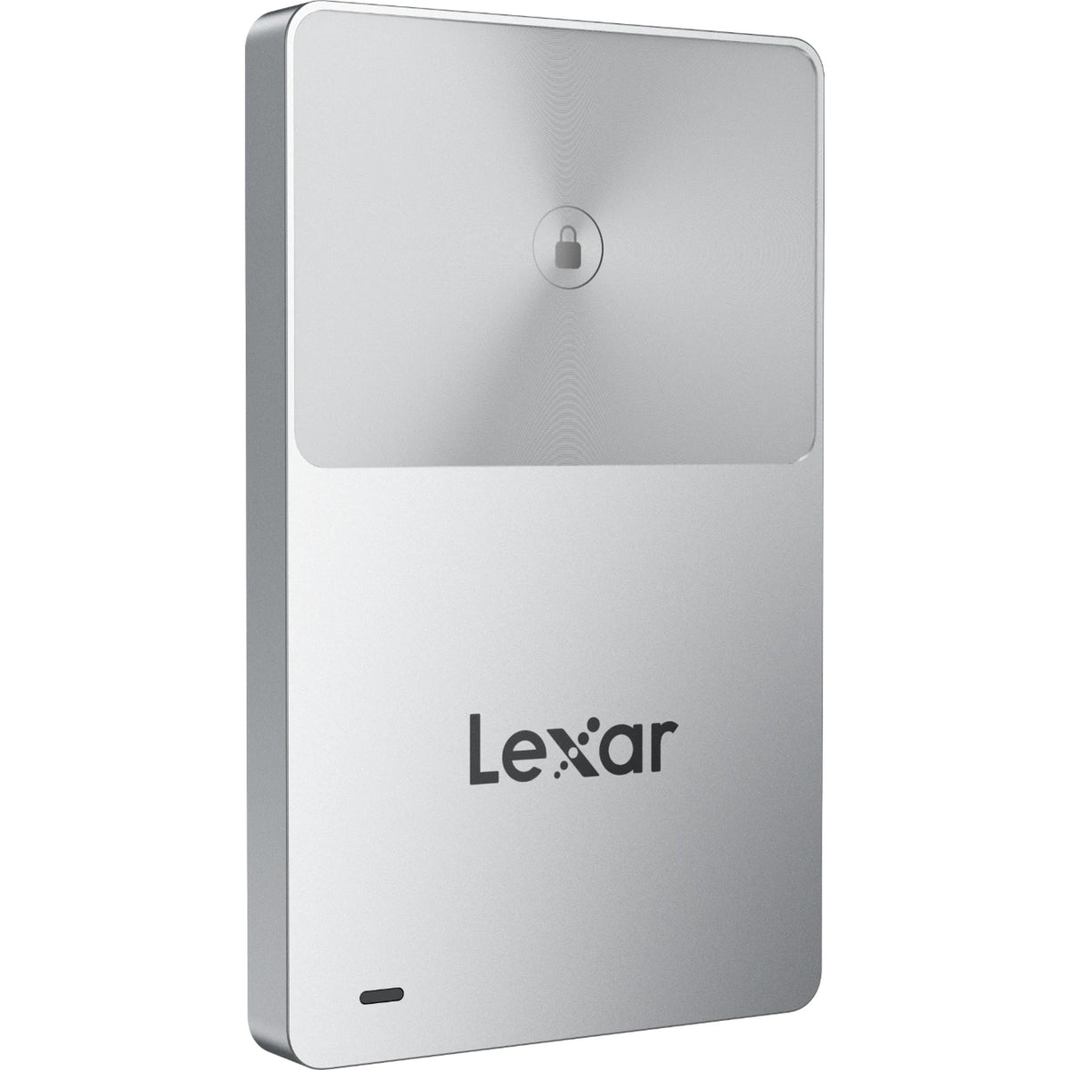 Lexar TouchLock Portable SSD external drive with sleek black design and secure fingerprint lock system.