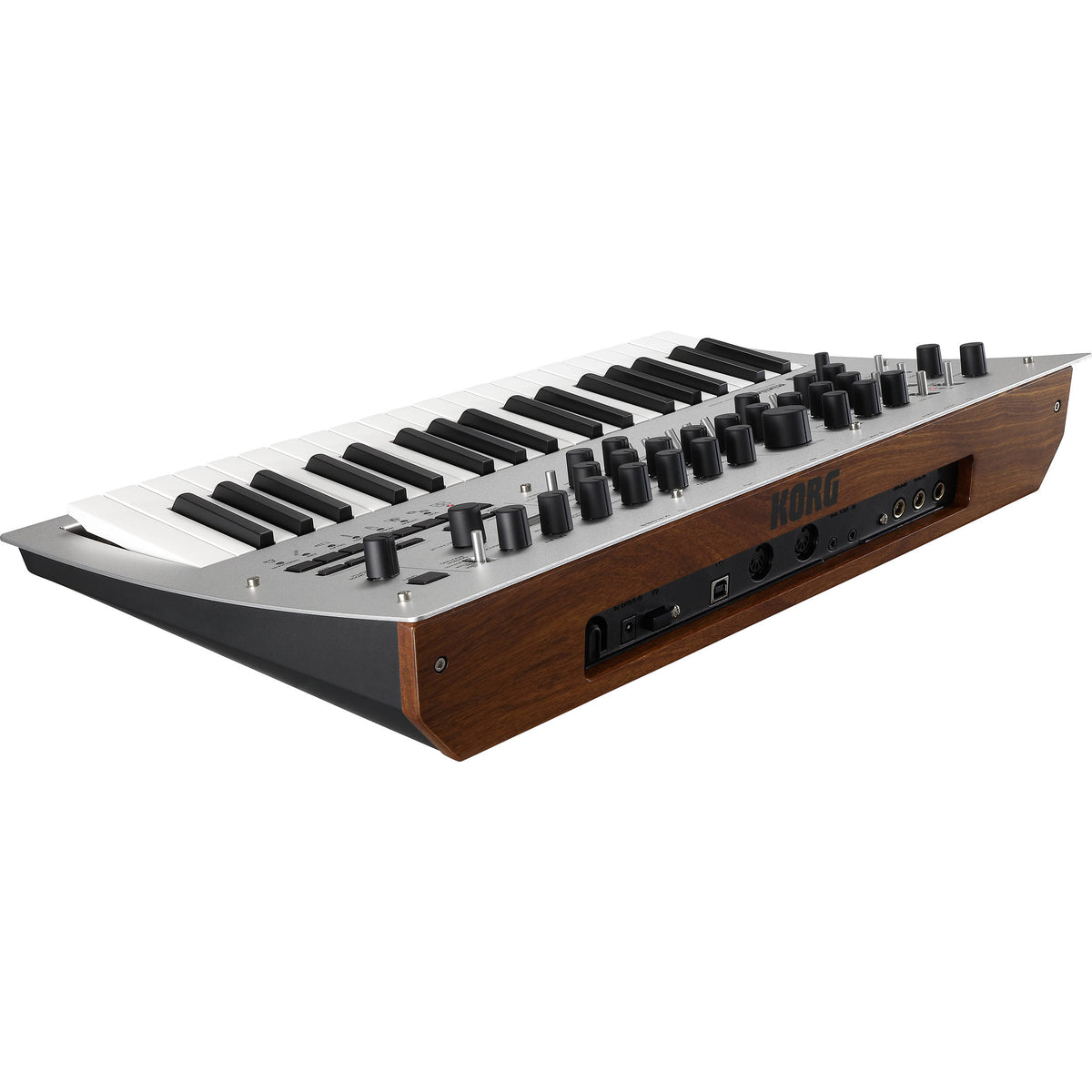 Korg Minilogue synthesizer with control knobs, keys, and digital display, showcasing its compact design and versatile sound interface.
