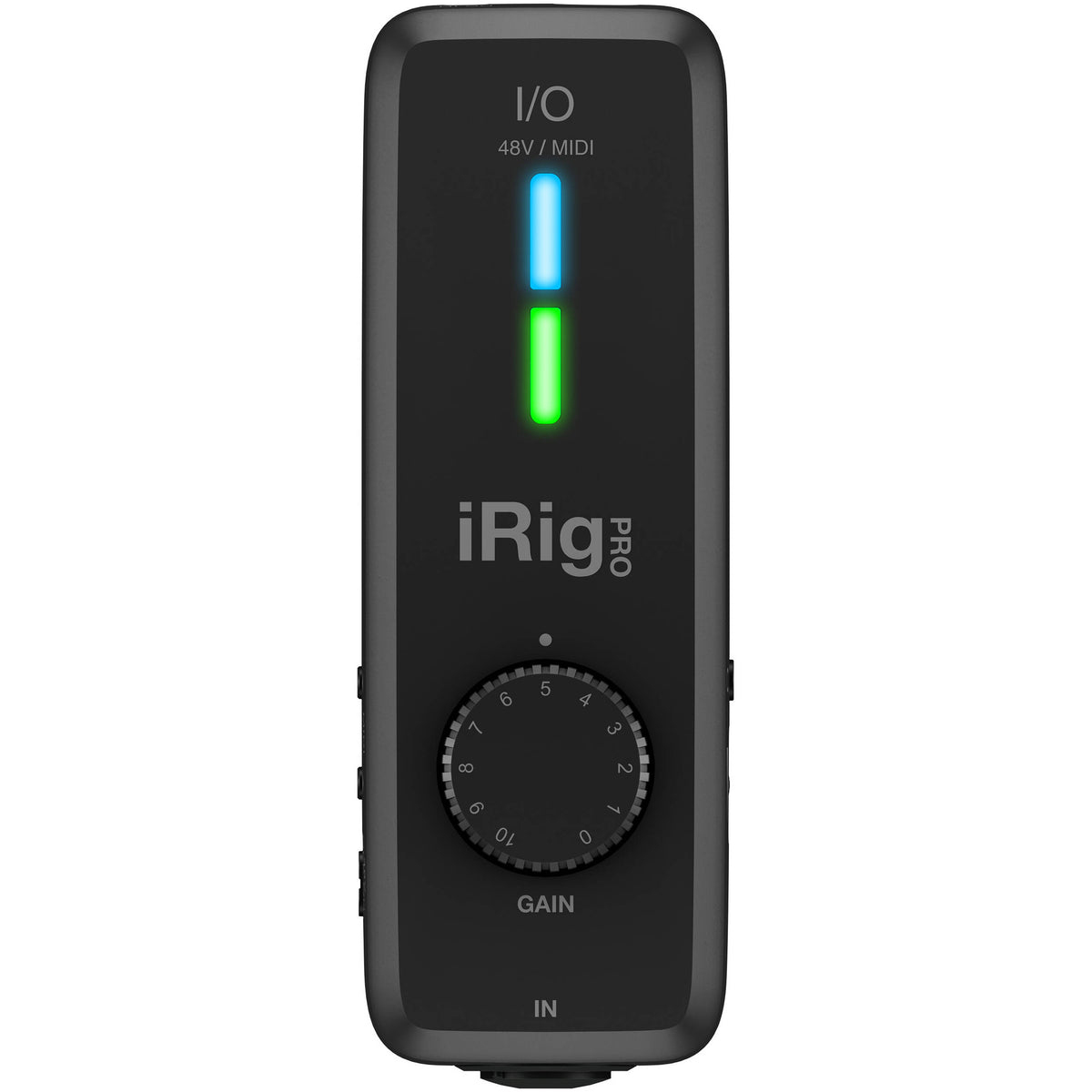 IK Multimedia iRig Pro I/O audio interface with XLR and 1/4-inch inputs, compact design for mobile recording and sound production.