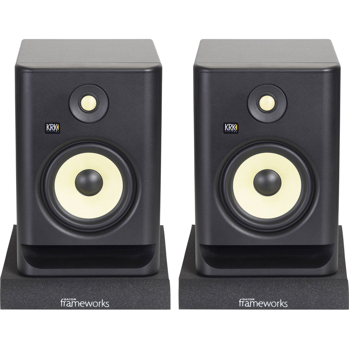 Gator Studio Monitor Isolation Pads placed on studio monitor stands to reduce vibrations and improve sound clarity.