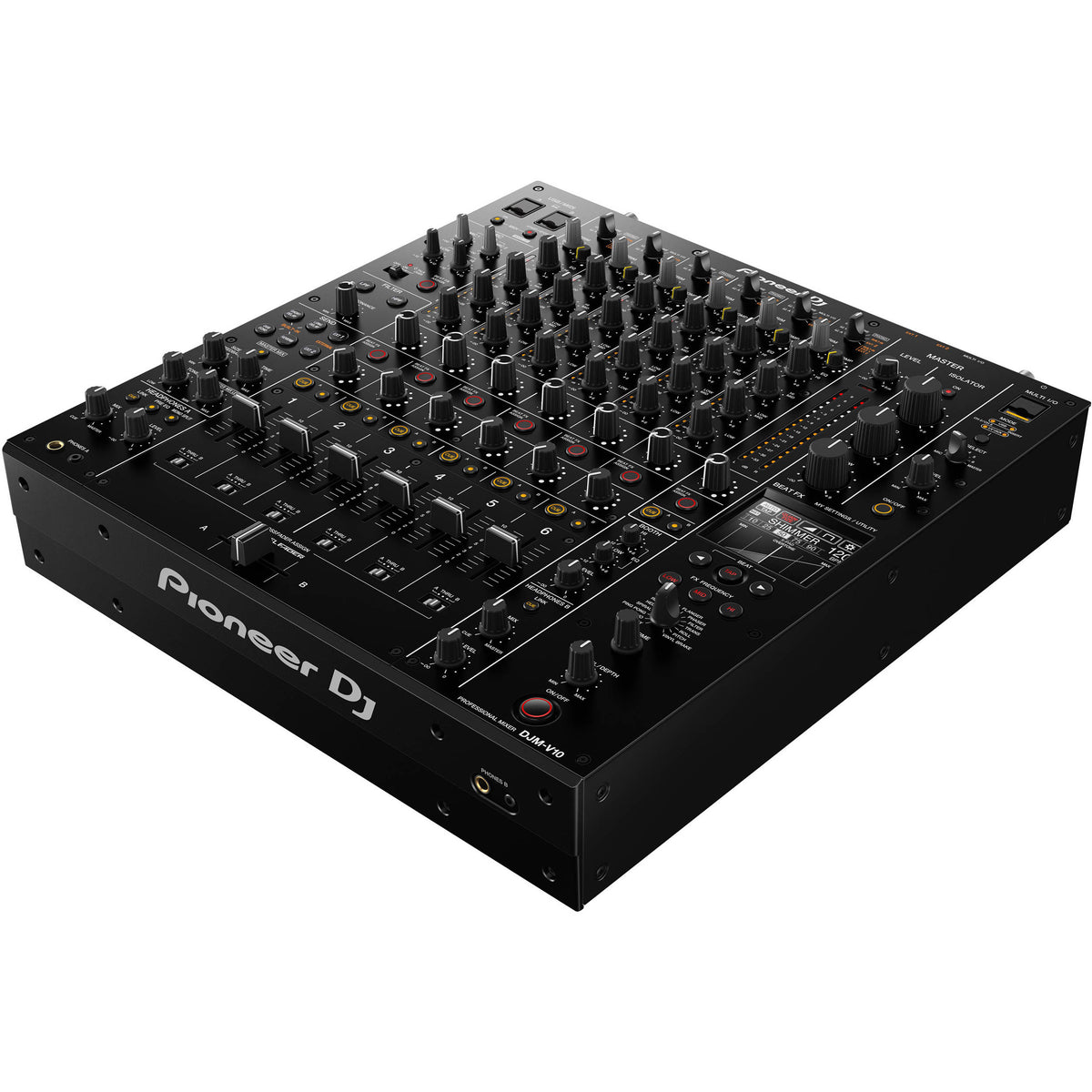 Pioneer DJ DJM-V10 DJ mixer with multiple channels, colorful controls, and professional audio interface for DJs.