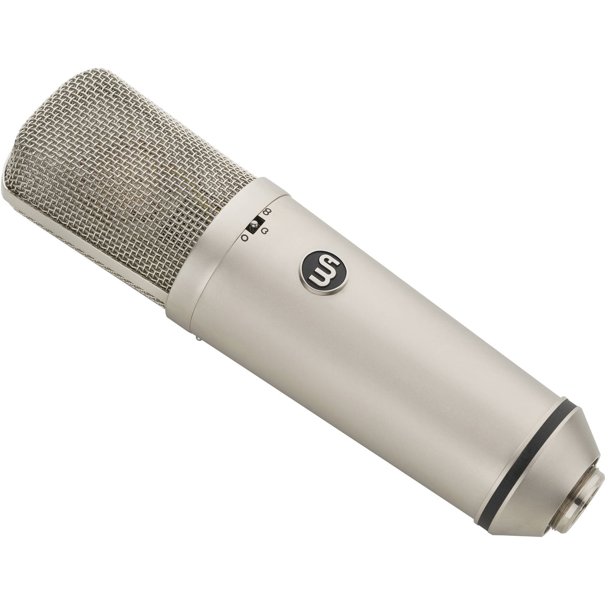 Warm Audio WA-87 R2 condenser microphone shown on a stand with a metal grille and body, ideal for studio recording.