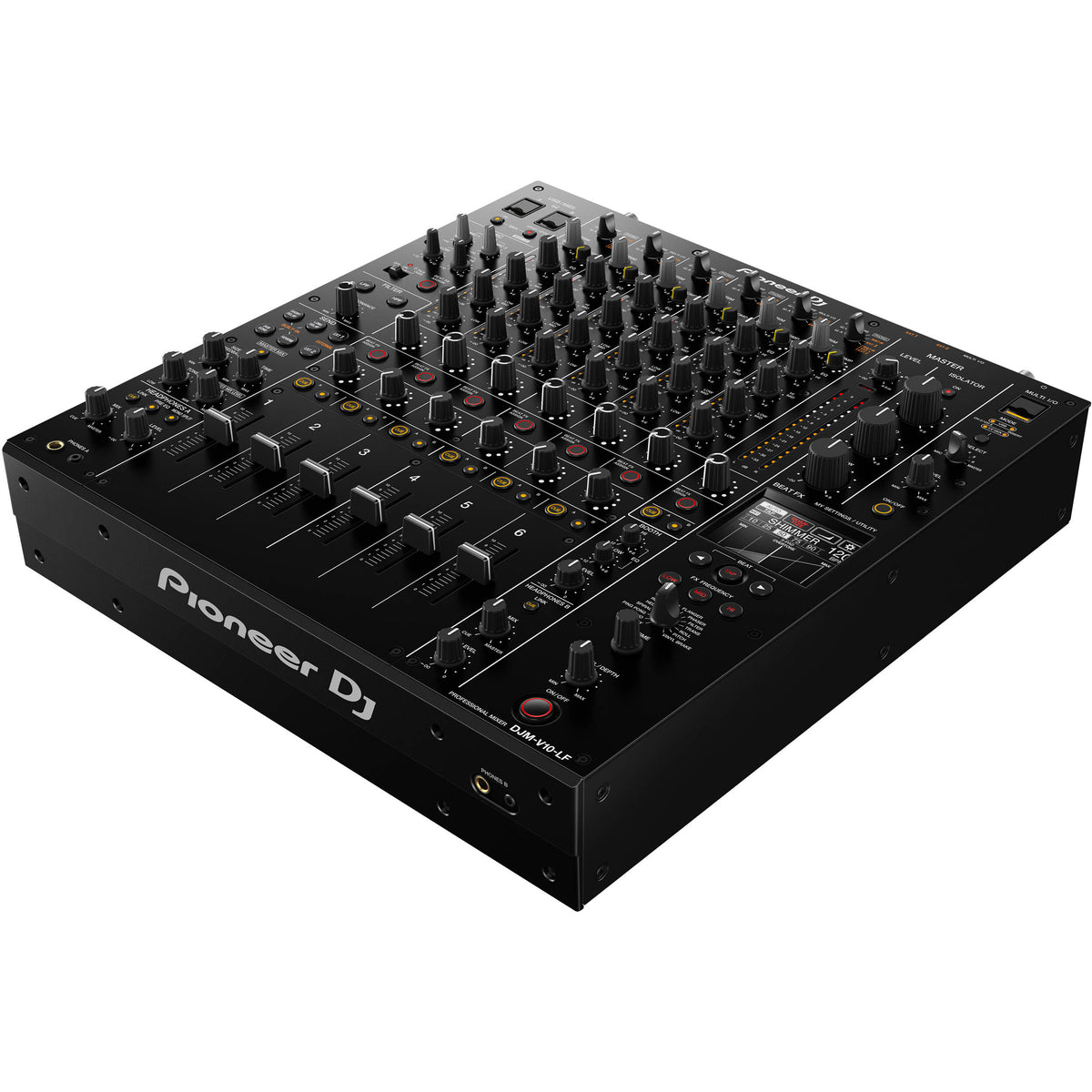 Pioneer DJ DJM-V10-LF professional DJ mixer with multiple channels and large touch screens, black color, detailed control knobs.