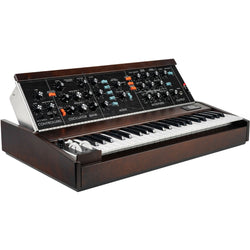 Moog Minimoog Model D synthesizer with vintage-style control panel and keyboard, showcasing classic analog music equipment.