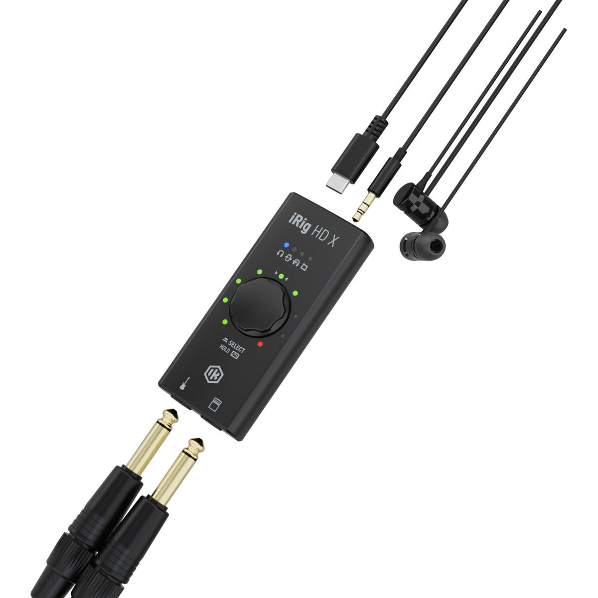 IK Multimedia iRig HD X audio interface with USB connection and high-definition input for musical instrument recording.