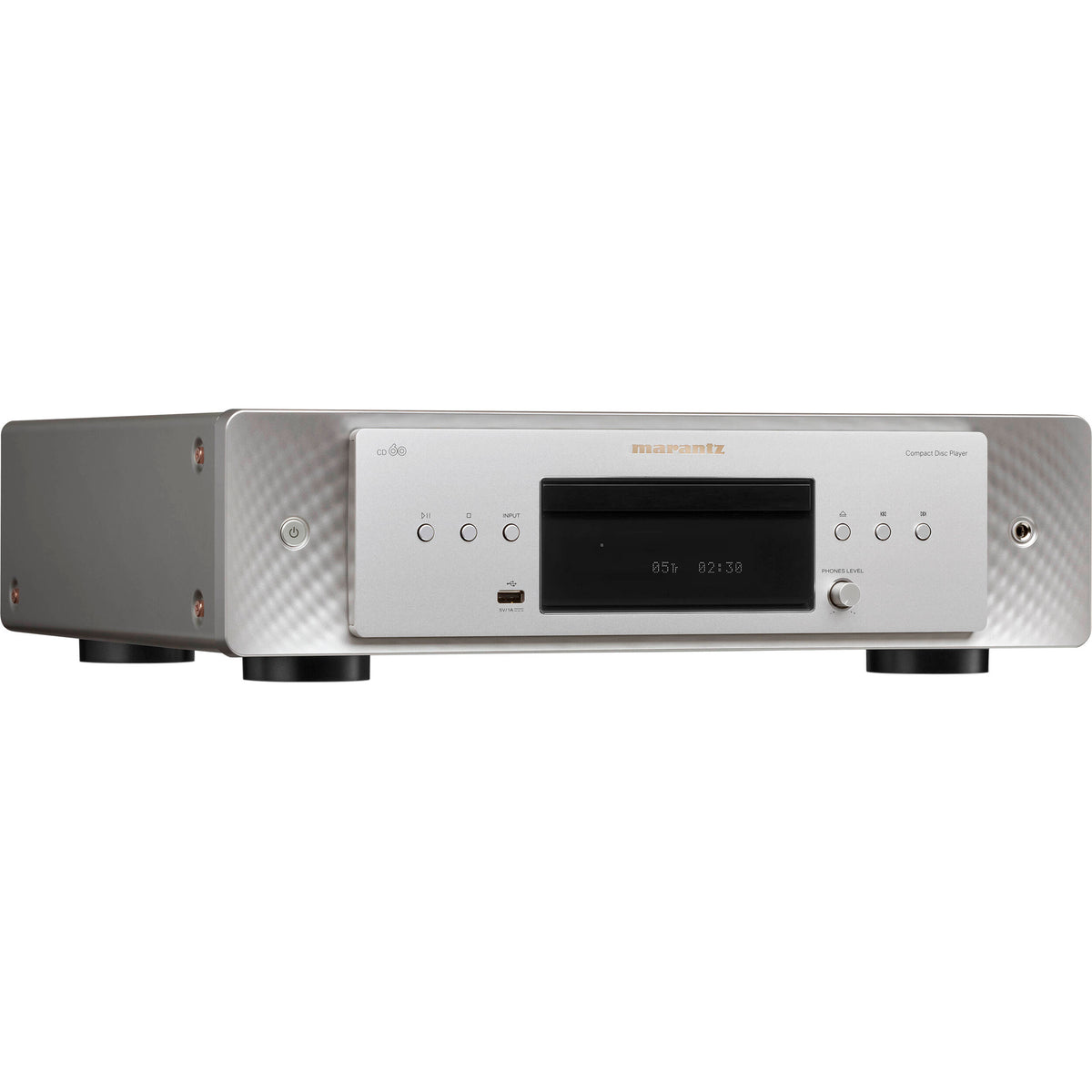 Marantz CD 60 CD player with sleek design and digital display, showcasing its front control buttons and disc tray.