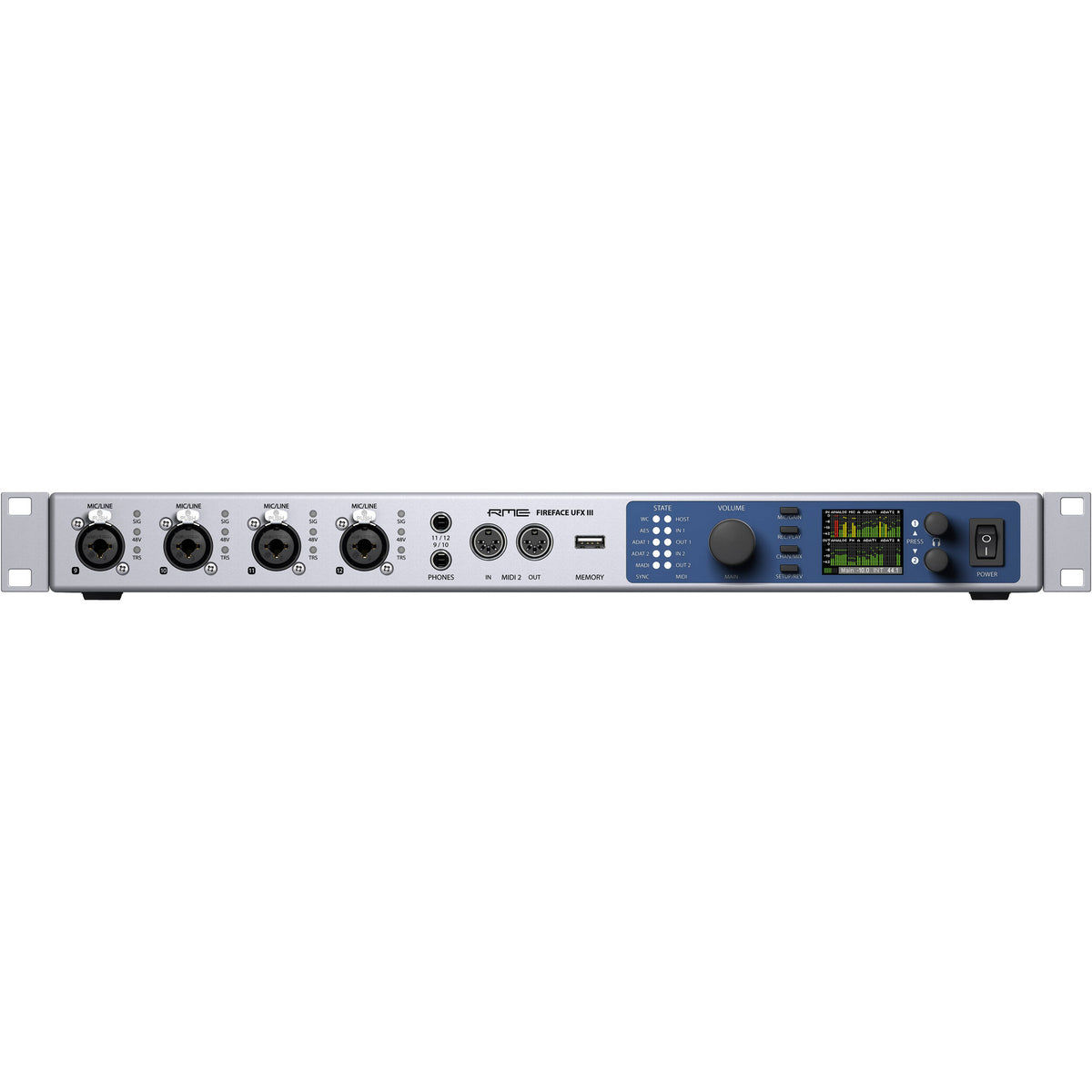 RME Fireface UFX III audio interface with multiple input and output ports, professional-grade recording equipment.