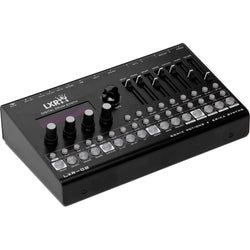 Erica Synths LXR-02 Drum Synthesizer showing control knobs, buttons, and colorful interface on a black panel.