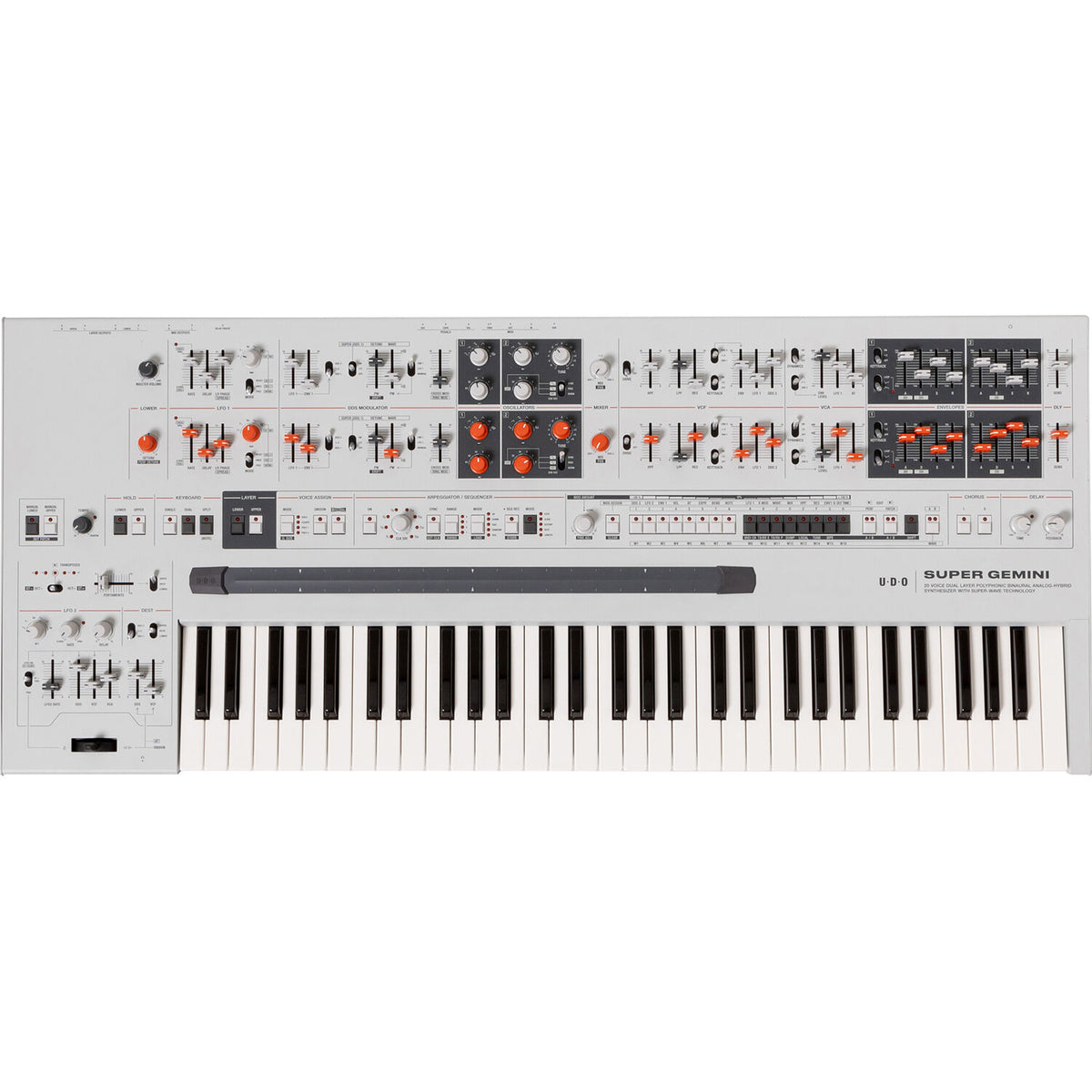 UDO Audio Super Gemini synthesizer with vintage-inspired design, multiple knobs, keys, and control panels for rich sound creation.