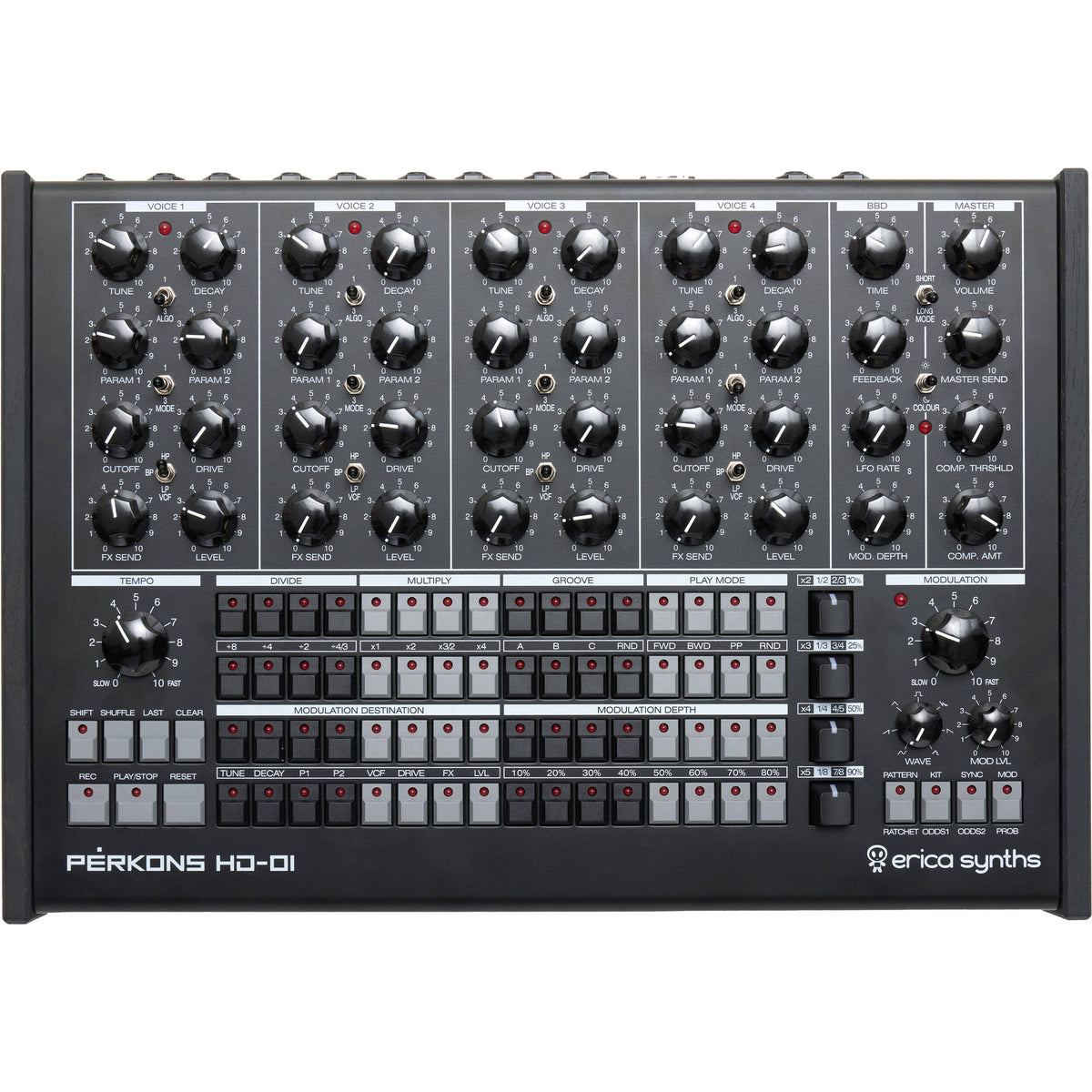 Erica Synths Perkons HD-01 drum machine and sampler with knobs and interface, designed for electronic music production.