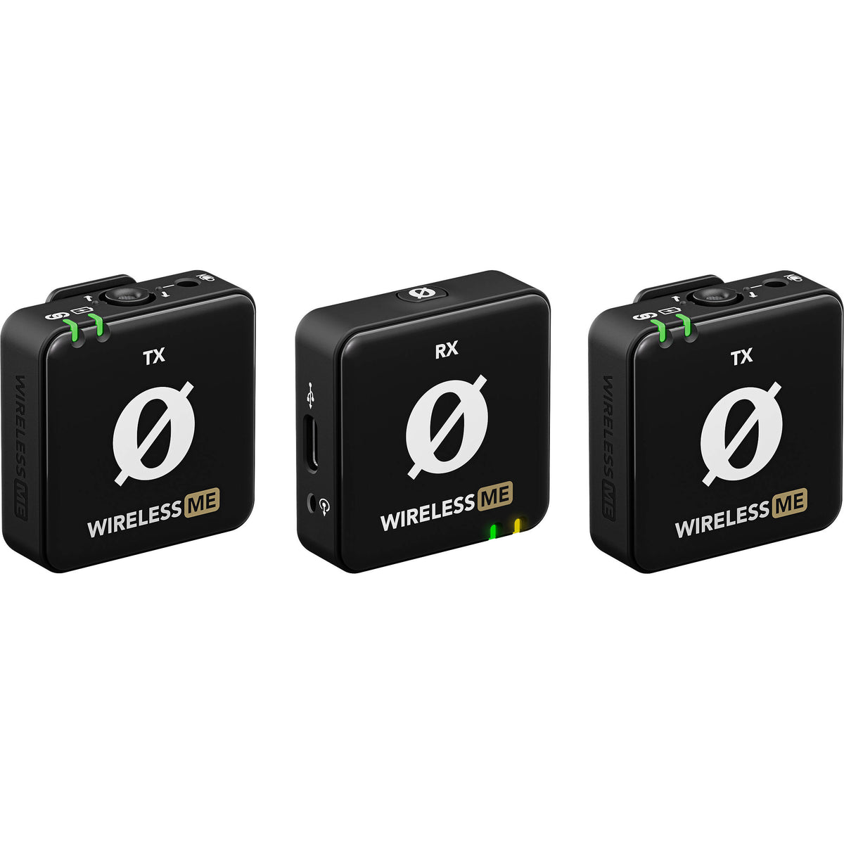 Rode Wireless ME Dual creator wireless microphone system in black with compact transmitters and receiver for high-quality audio recording.