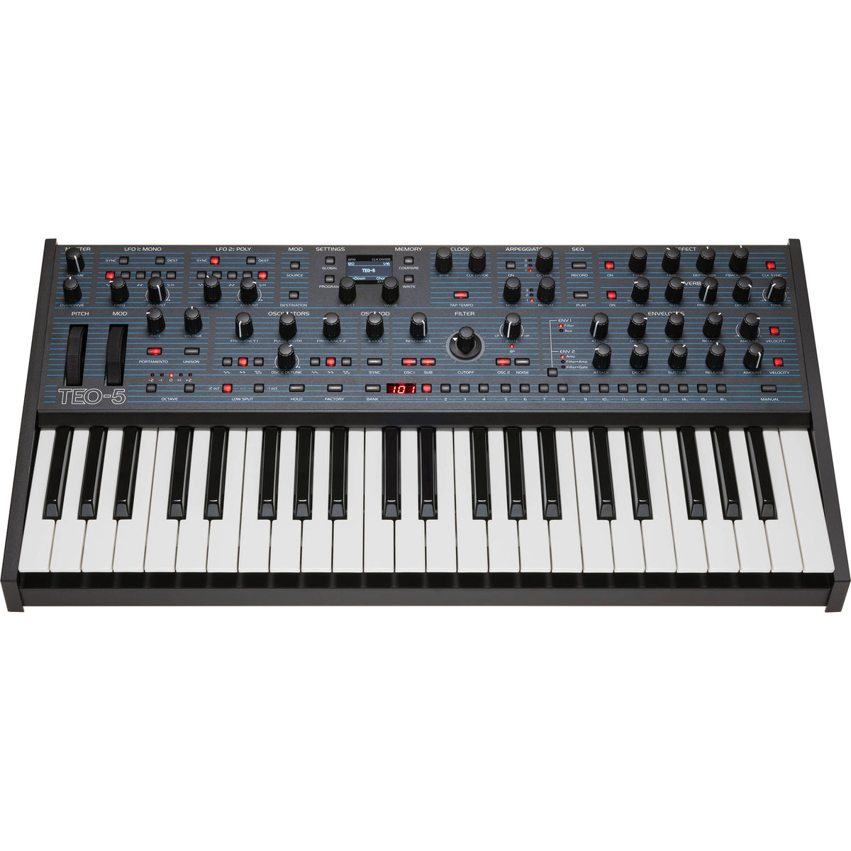 Oberheim TEO-5 synthesizer with keyboard, featuring vintage-style knobs and controls for classic Oberheim sound.