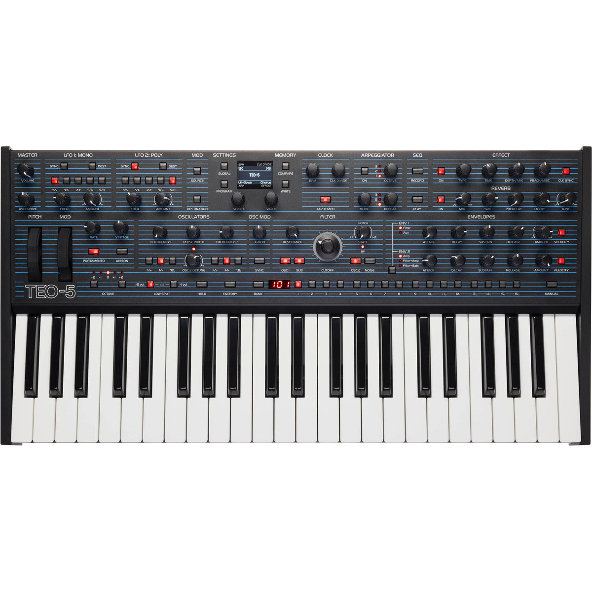 Oberheim TEO-5 synthesizer with vintage design and multiple control knobs, showcasing its front panel and keys.