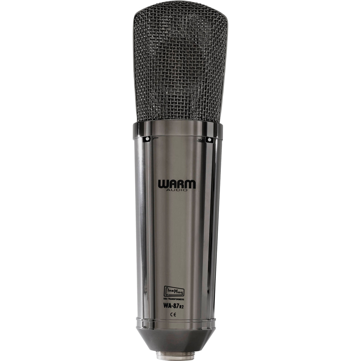 Pair of Warm Audio WA-87 R2 TS stereo condenser microphones with gold capsules and vintage-style metal bodies.