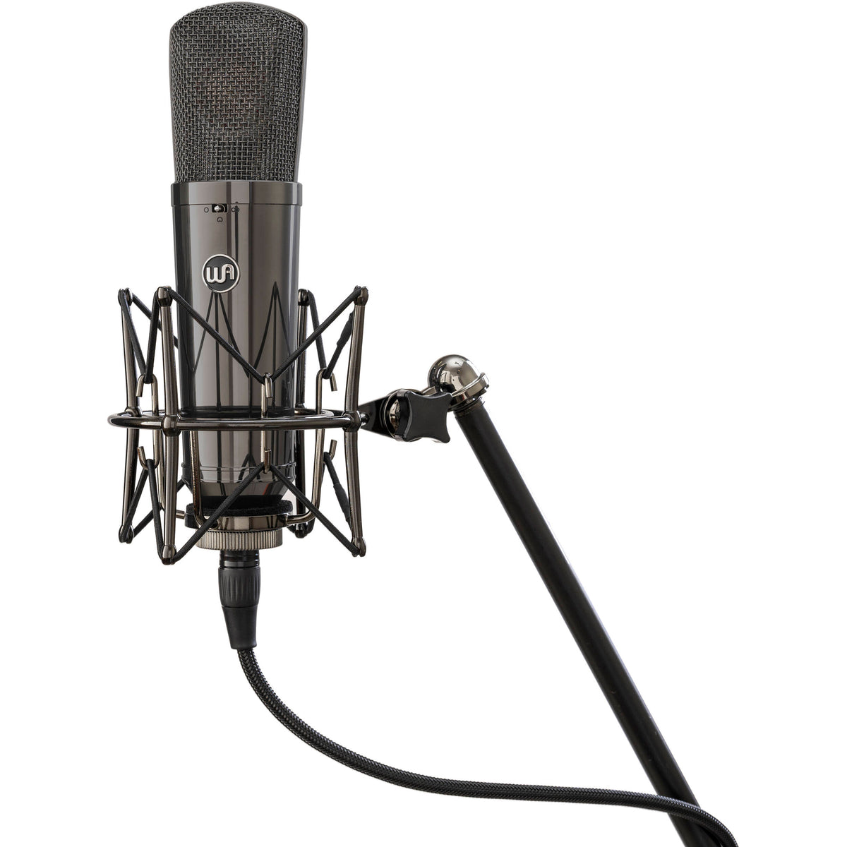 Stereo pair of Warm Audio WA-87 R2 TS condenser microphones with gold finish and shock mounts for studio recording.