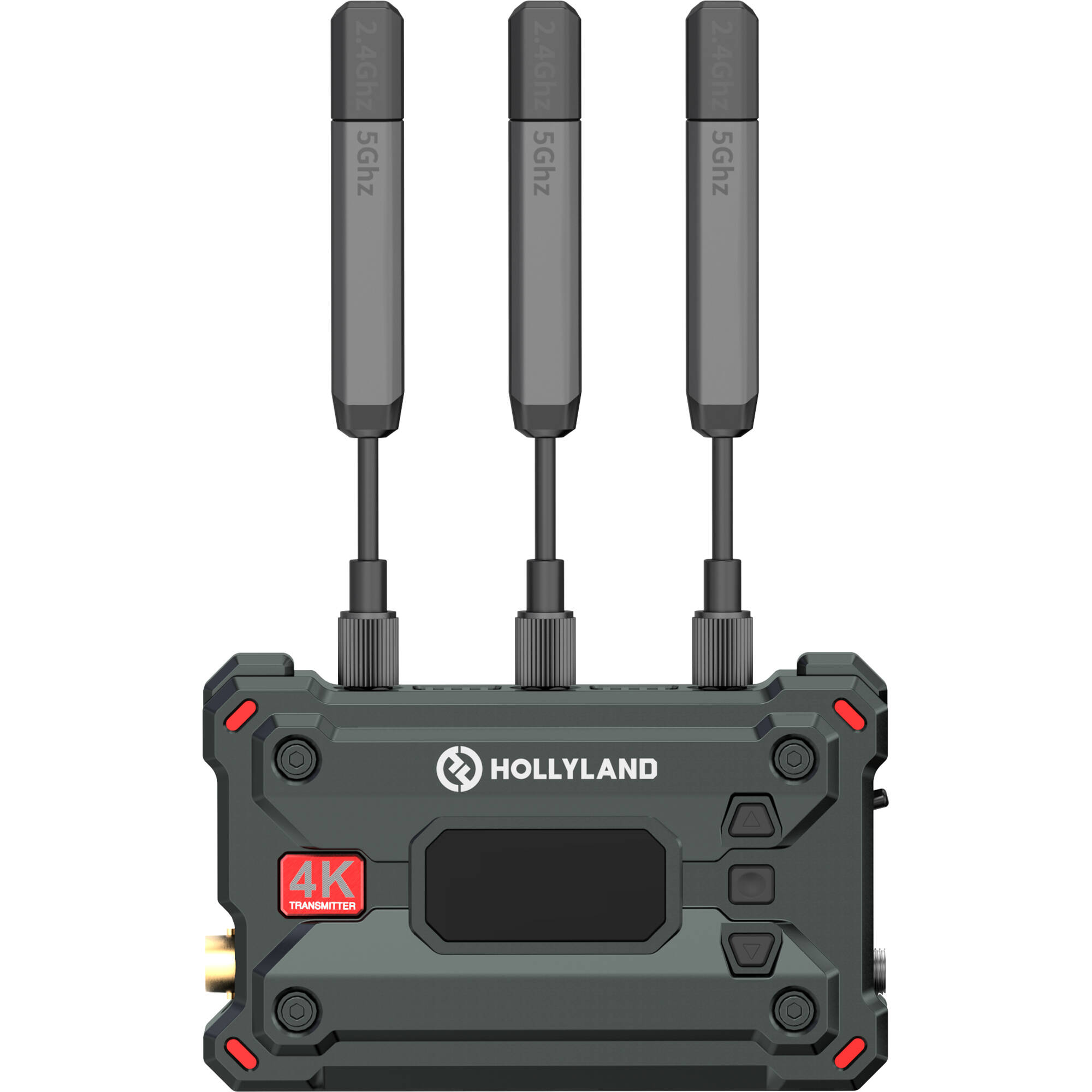 Hollyland Pyro Transmission Kit with video monitors, compact wireless transmitter and receiver for high-quality video streaming.