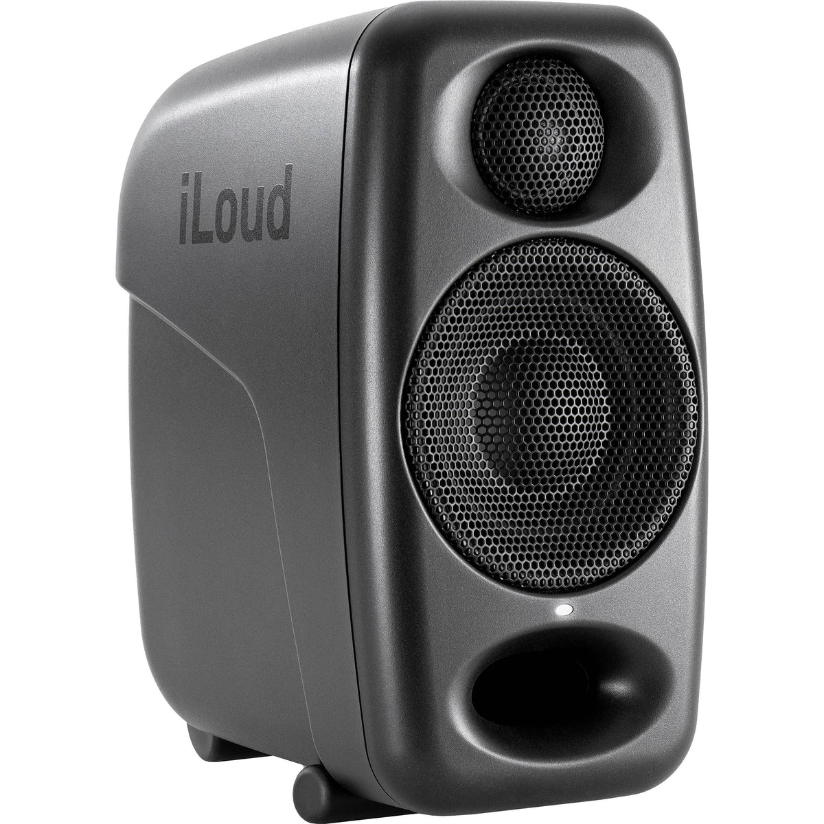 IK Multimedia iLoud Micro Monitor Pro active nearfield monitors on a desk, showing compact speakers with control knobs.