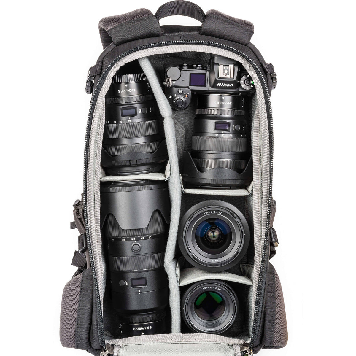Think Tank Mindshift BackLight video equipment bag with padded compartments and adjustable straps for gear protection and organization.