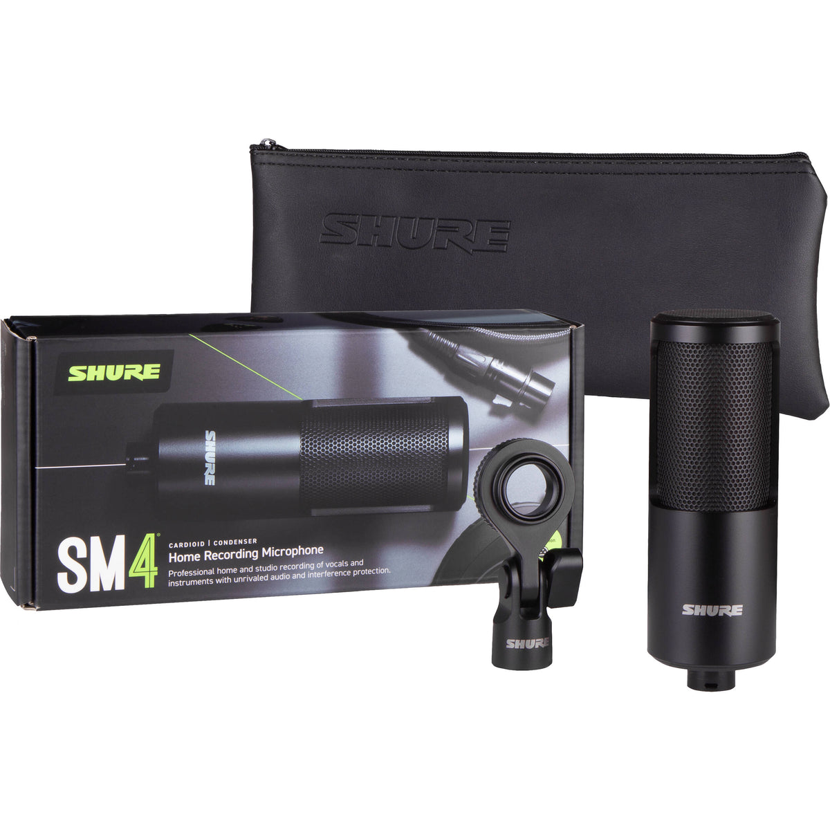 Shure SM4 condenser microphone with metal grille and body, designed for studio and live sound applications.