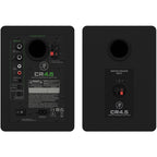 Mackie CR4.5 desktop speakers with black finish, compact design, and control knobs on the front for high-quality audio output.