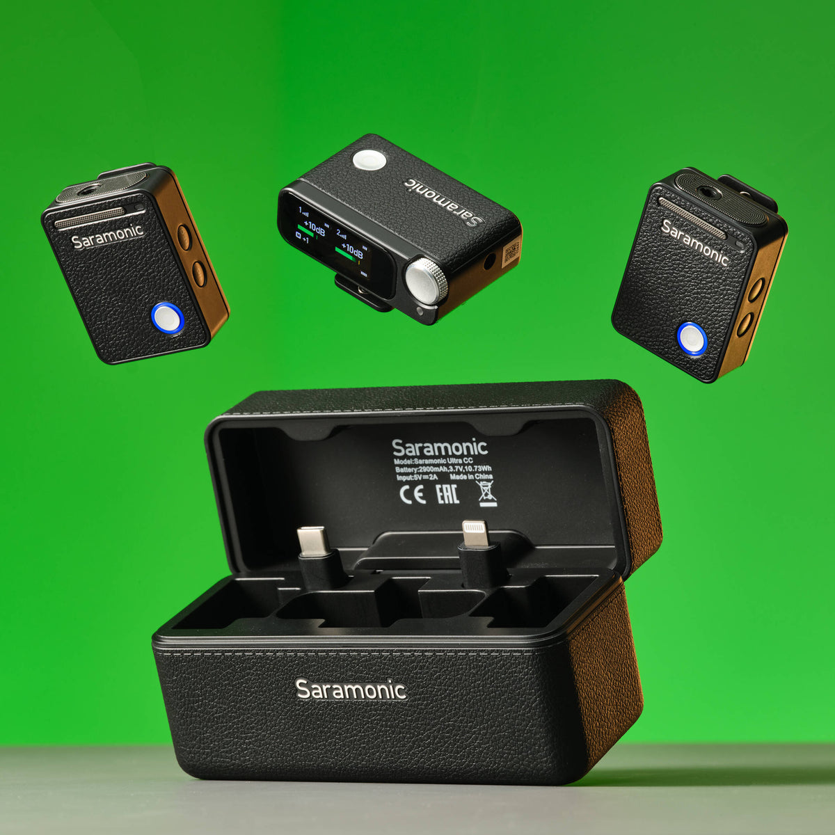 Saramonic Ultra wireless microphone system with Lavalier mics, compact creator audio setup for high-quality recording.