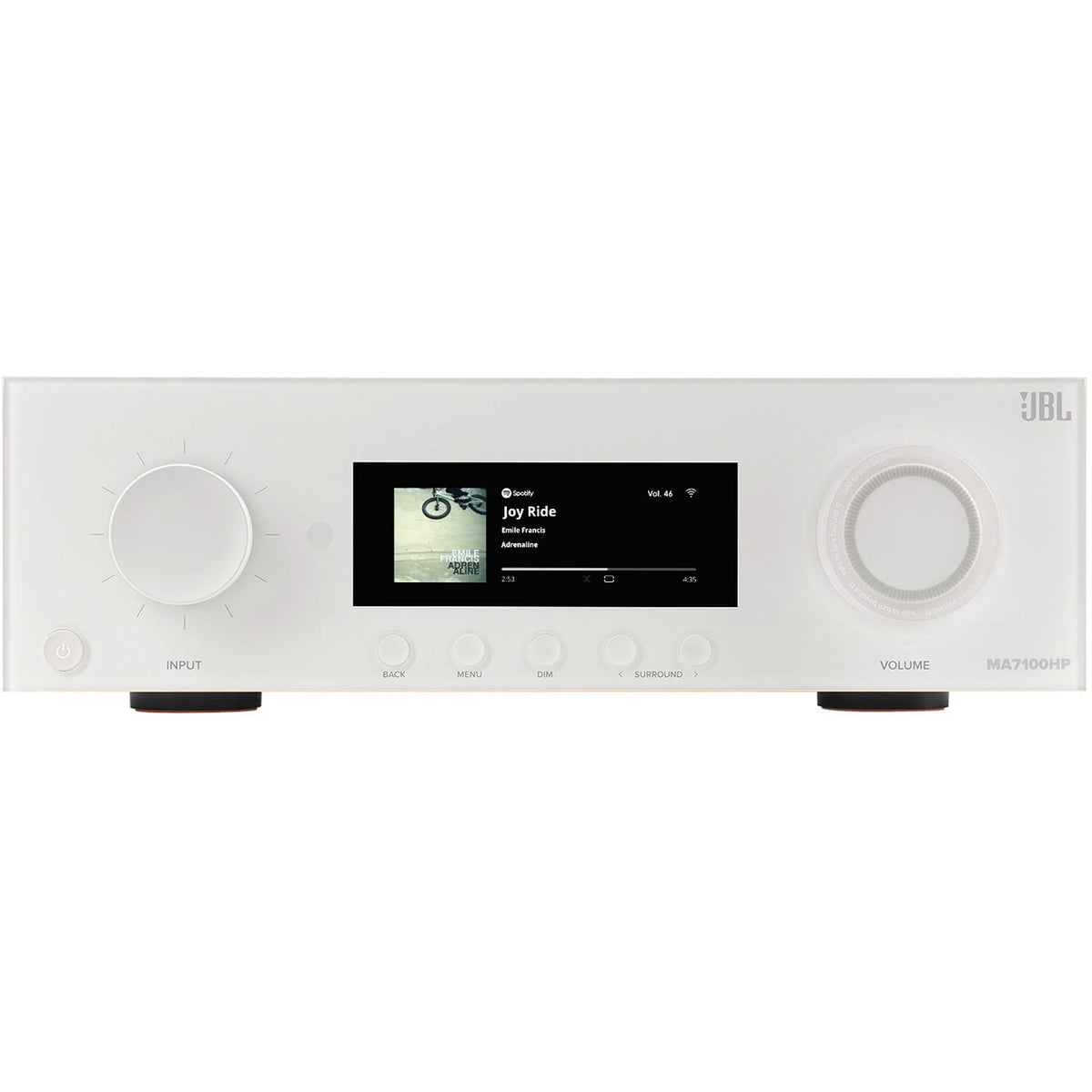 JBL MA7100HP stereo amplifier with black metal casing and control knobs, designed for high-power audio amplification.