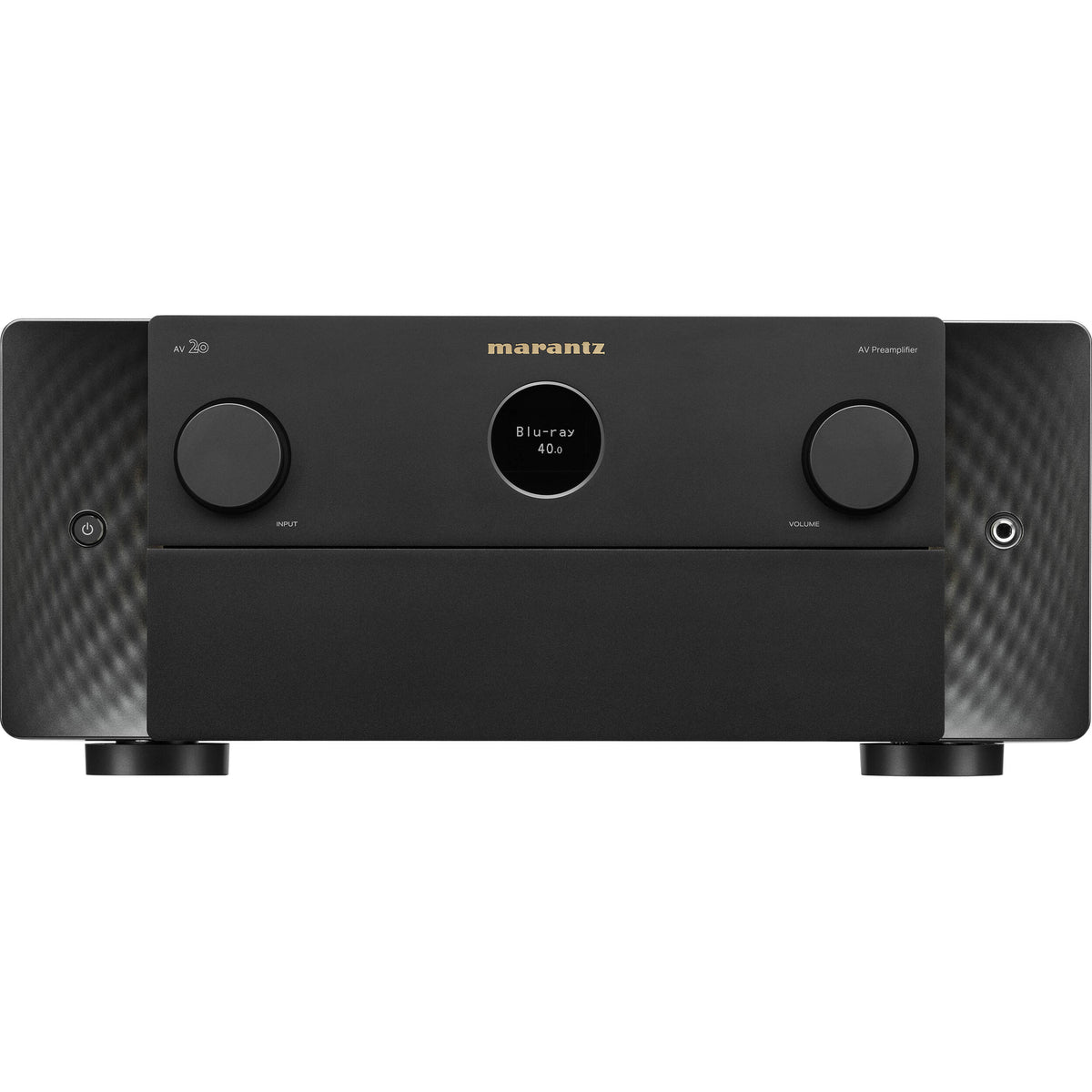 Marantz AV 20 stereo amplifier with sleek black design, front panel controls, and input ports visible.
