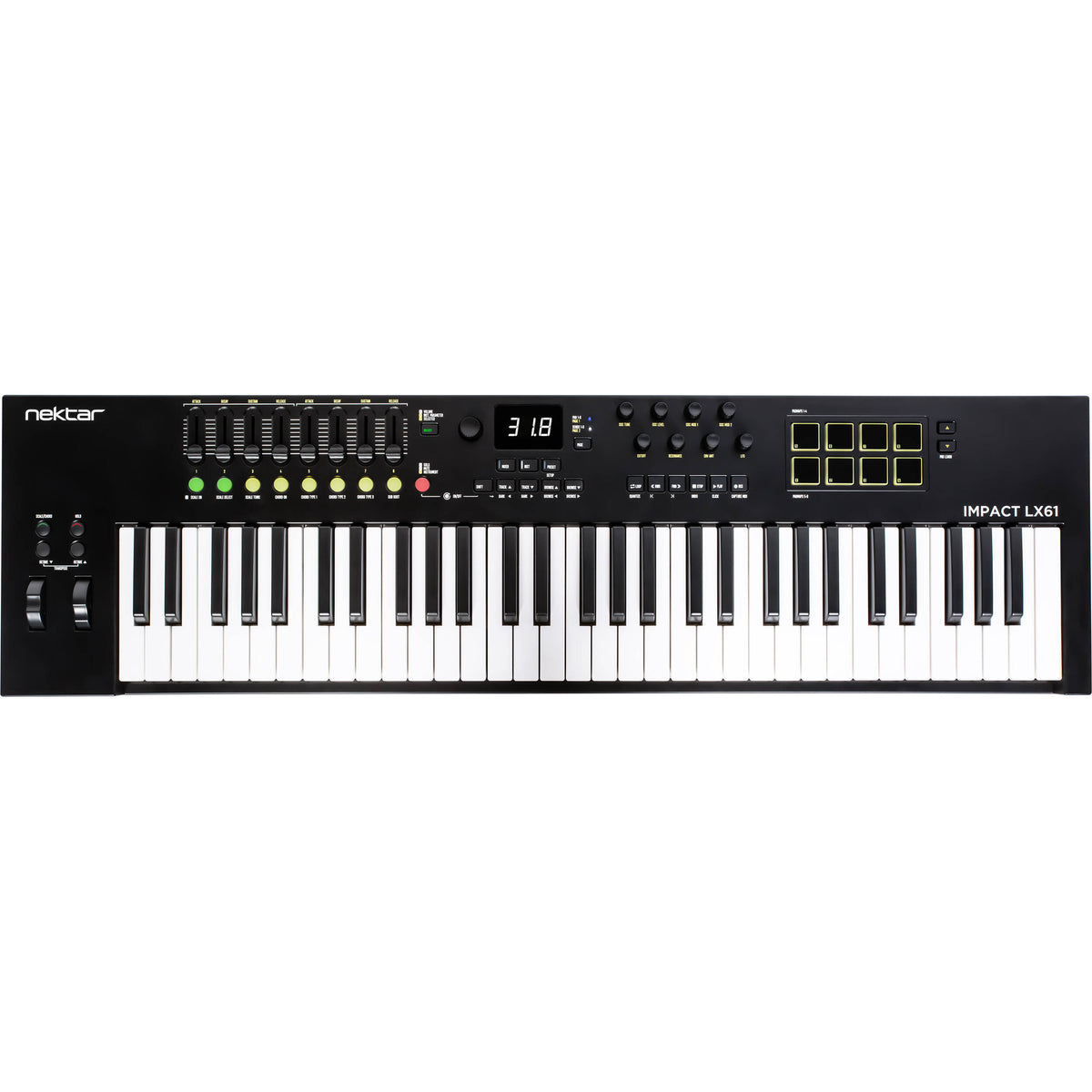 Nektar Impact LX61 MK3 MIDI keyboard with 61 keys, control knobs, and colorful pads on a white background.