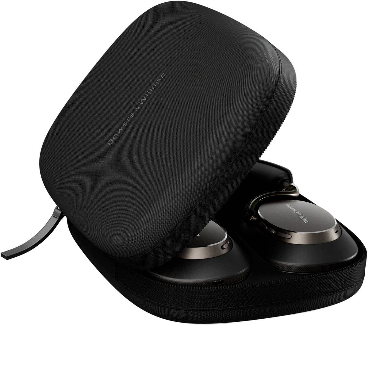 Bowers & Wilkins Px8 S2 wireless headphones with sleek black design and plush ear cushions, showing the over-ear fit and branding.