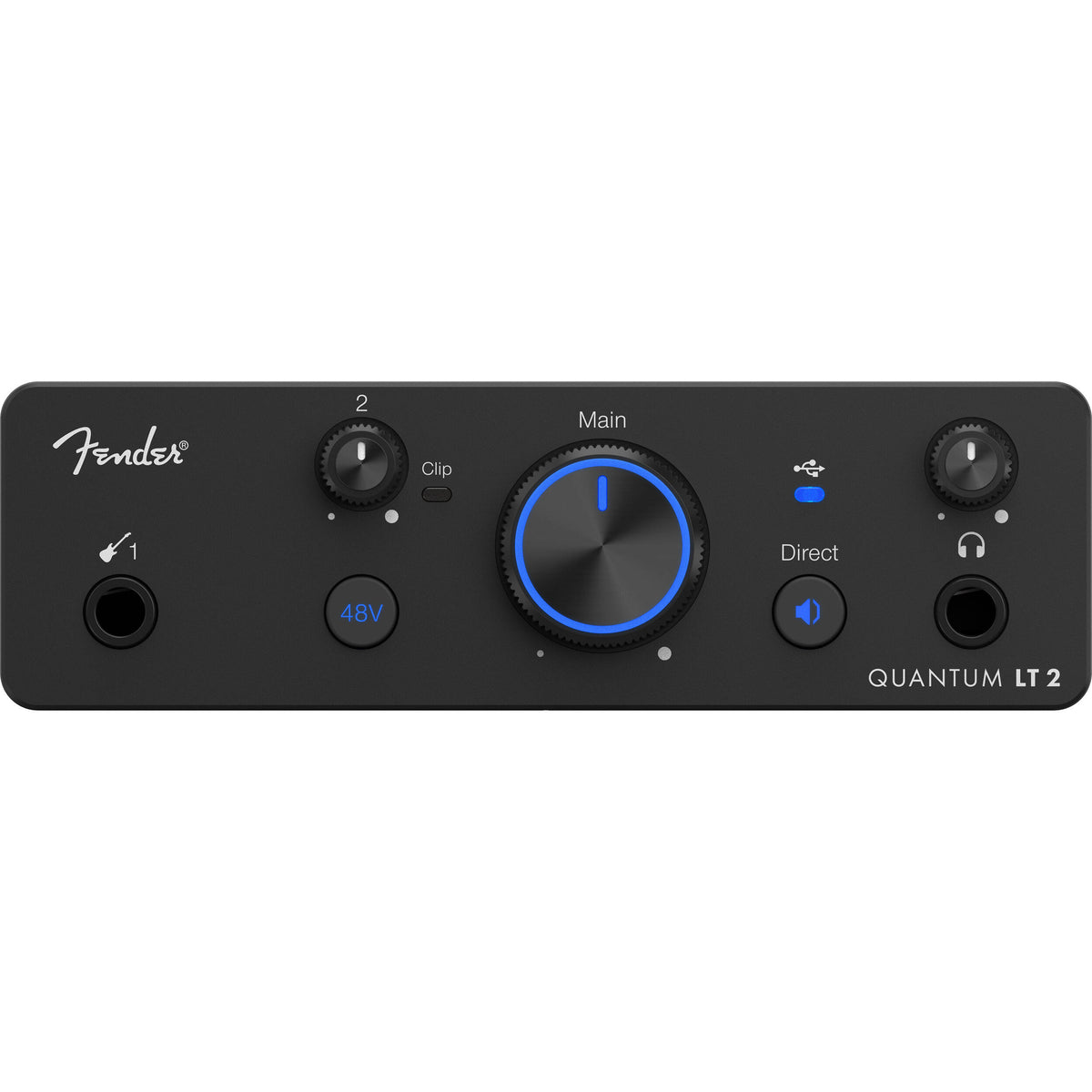 Fender Quantum LT 2 USB audio interface with multiple input and output ports, compact design, and control knobs for music recording.