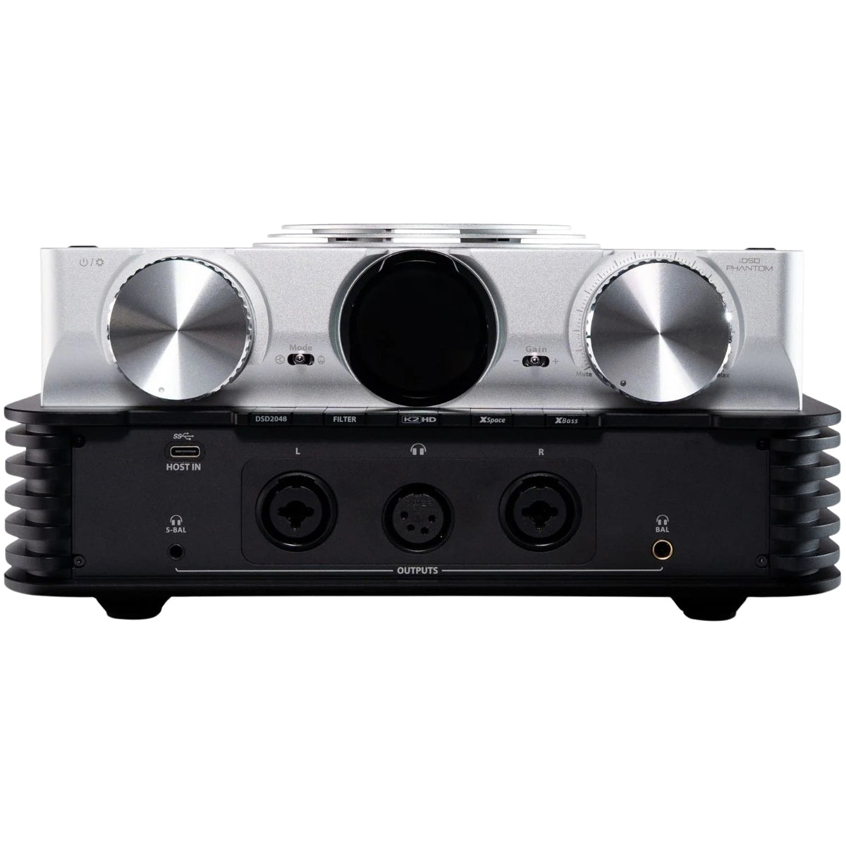 iFi Audio iDSD Phantom headphone amplifier and DAC with digital and analog inputs, compact black audio device on a desk