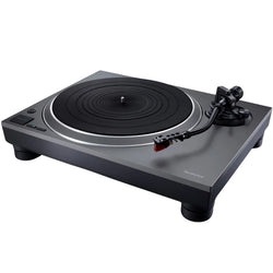 Technics SL-1500CS turntable with sleek black finish, tonearm, and control knobs, showcasing high-quality audio equipment.