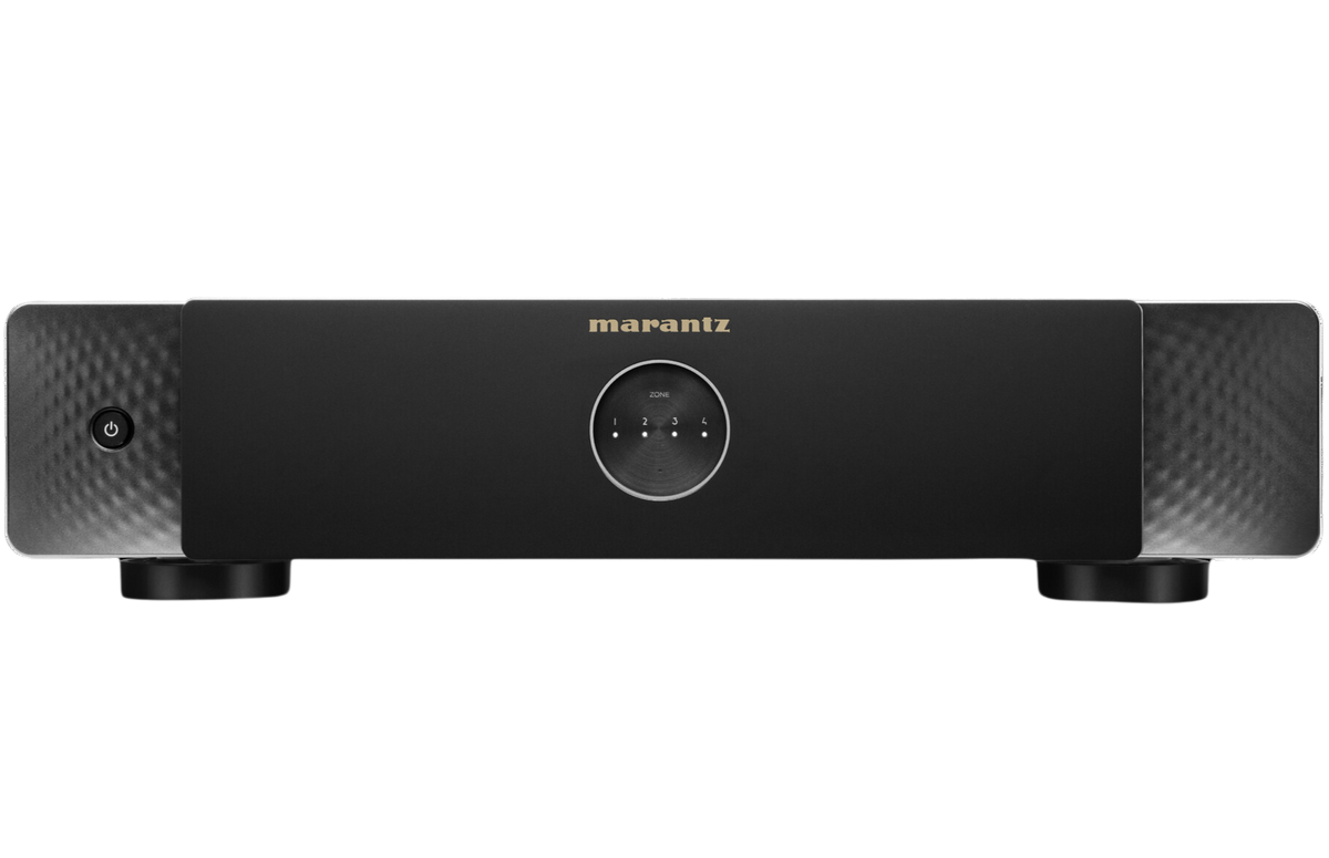 Marantz MODEL M4 stereo amplifier with front control knobs and vents, showcasing its sleek black design.