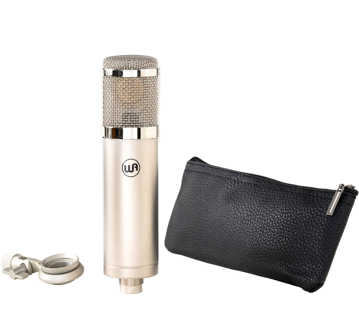 Warm Audio WA-47jr SE condenser microphone with a nickel finish, shown in a group shot highlighting its professional design.