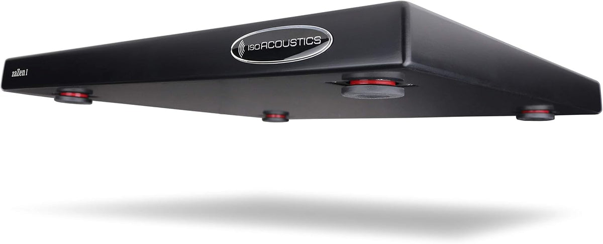 IsoAcoustics zaZen I studio monitor stands with sleek black design, supporting audio equipment for optimal sound clarity and stability.