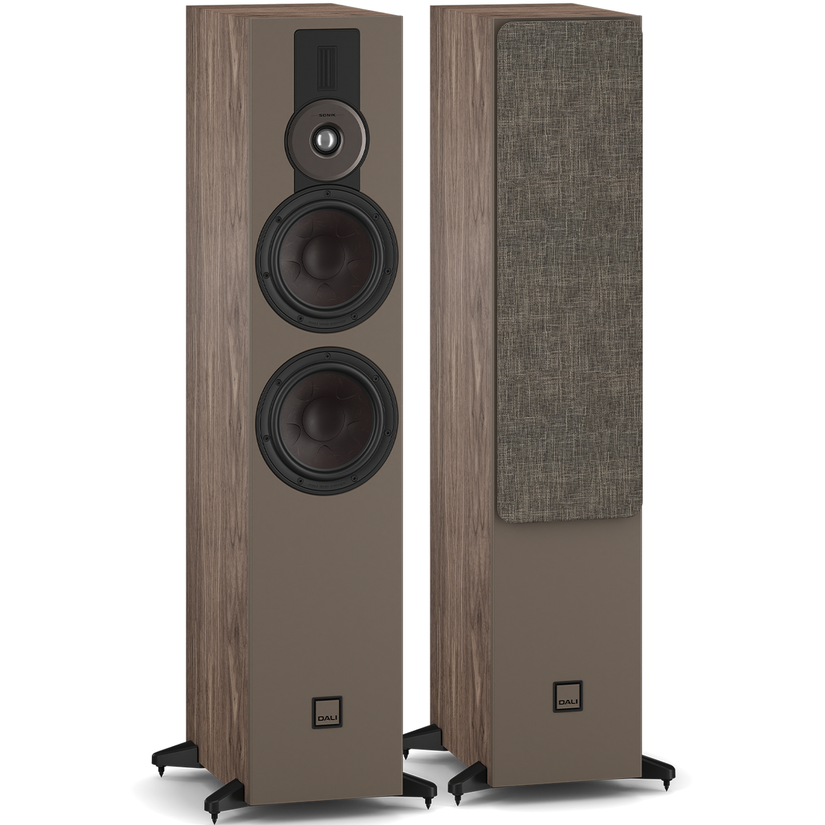 DALI Sonik 7 passive floorstanding speakers with sleek black cabinets and multiple driver drivers for high-quality sound.