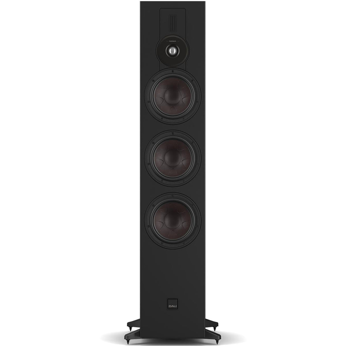 DALI Sonik 9 passive floorstanding speakers with wood grain finish and sleek design, showcasing a tall, modern audio speaker setup.