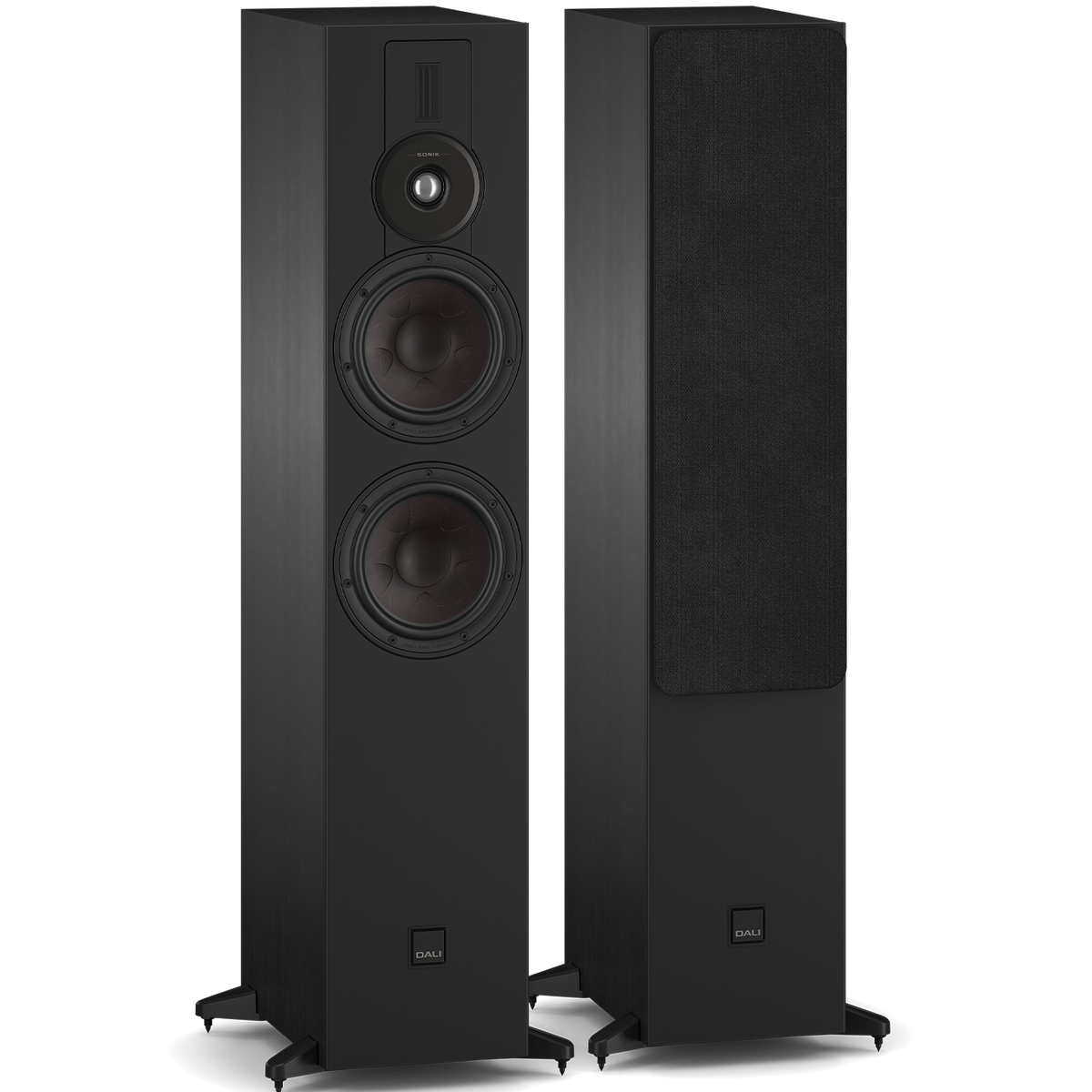 DALI Sonik 7 passive floorstanding speakers with sleek black finish and multiple drivers for high-quality sound.