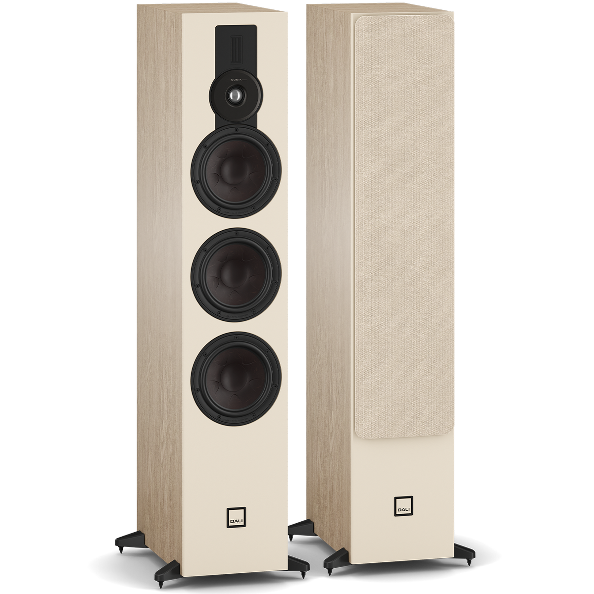 DALI Sonik 9 passive floorstanding speakers with sleek black cabinets and multiple driver units for high-quality sound.