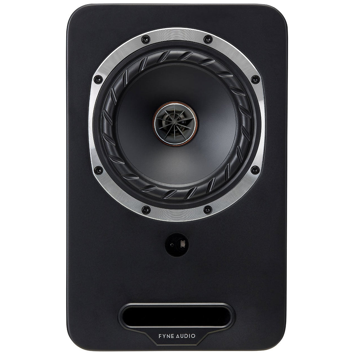 Fyne Audio Cubitt 5 active bookshelf speakers in midnight black, front view showing sleek design and speaker drivers.