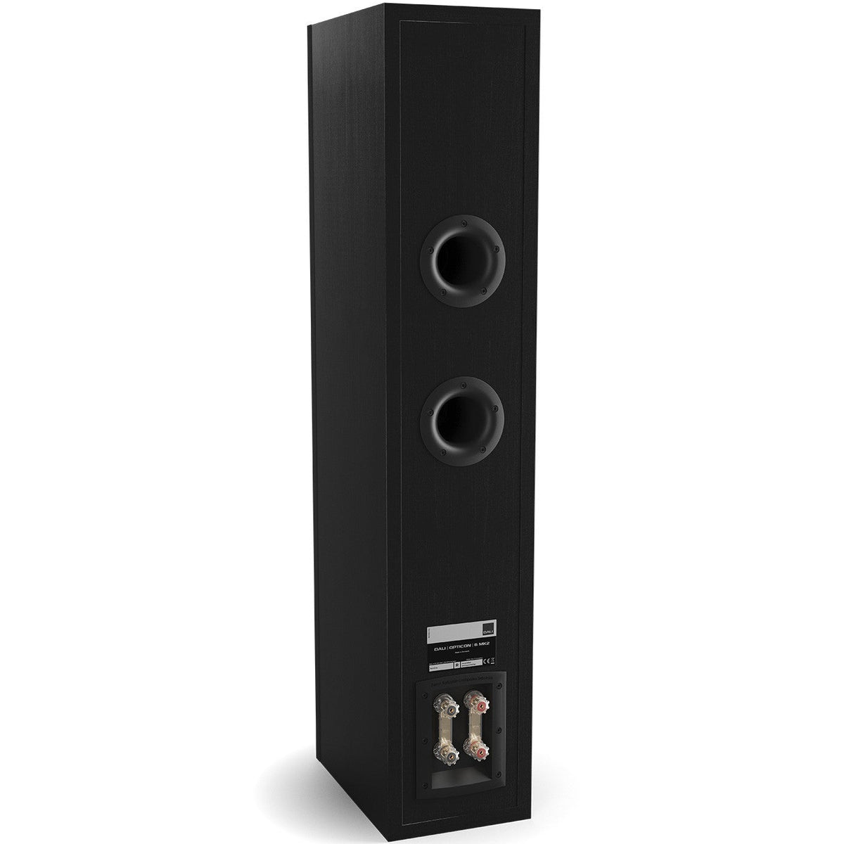 DALI Opticon 6 MK2 passive floorstanding speakers with black finish, showcasing sleek, modern design and large speaker drivers.