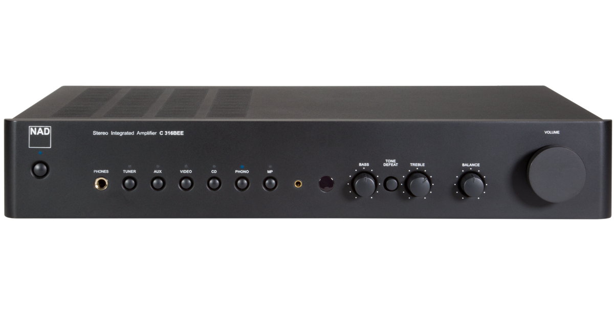 NAD C316BEE V2 stereo amplifier front view showing sleek black design with control knobs and input ports.