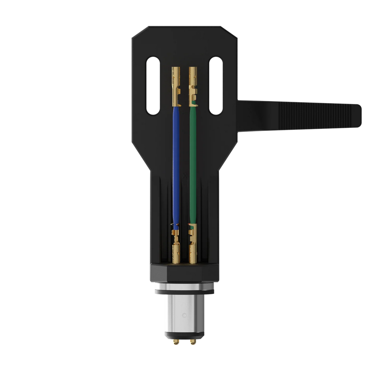 Ortofon SH-2 Black headshell for turntable cartridges, showing the sleek black design and mounting hardware at the bottom.