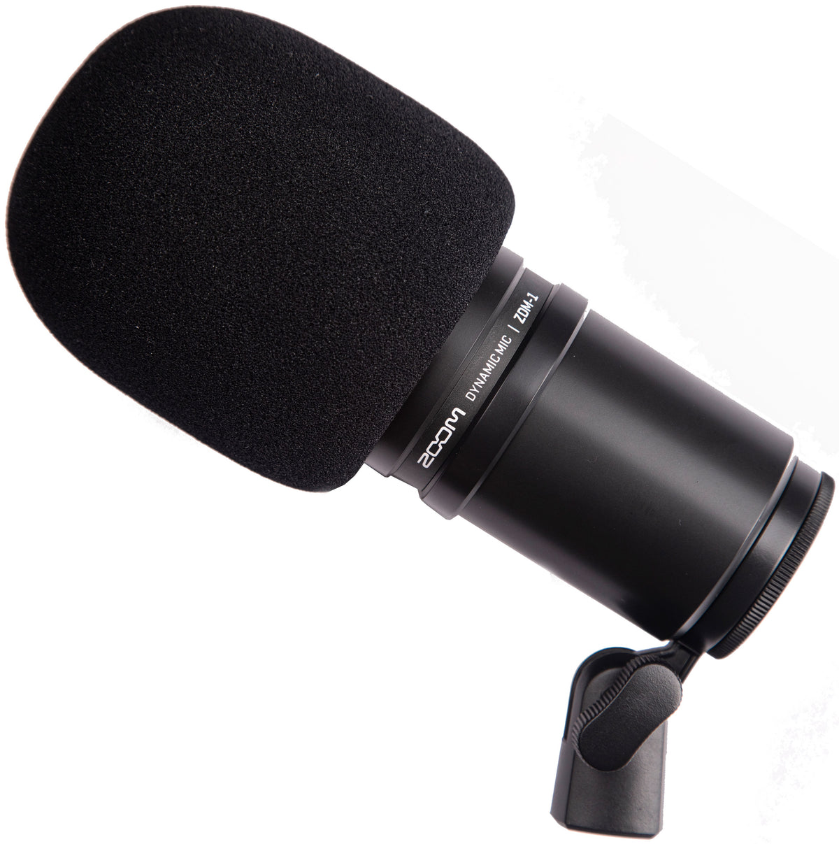 Zoom ZDM-1 dynamic microphone with windscreen, featuring a sleek black design and professional audio recording capabilities.