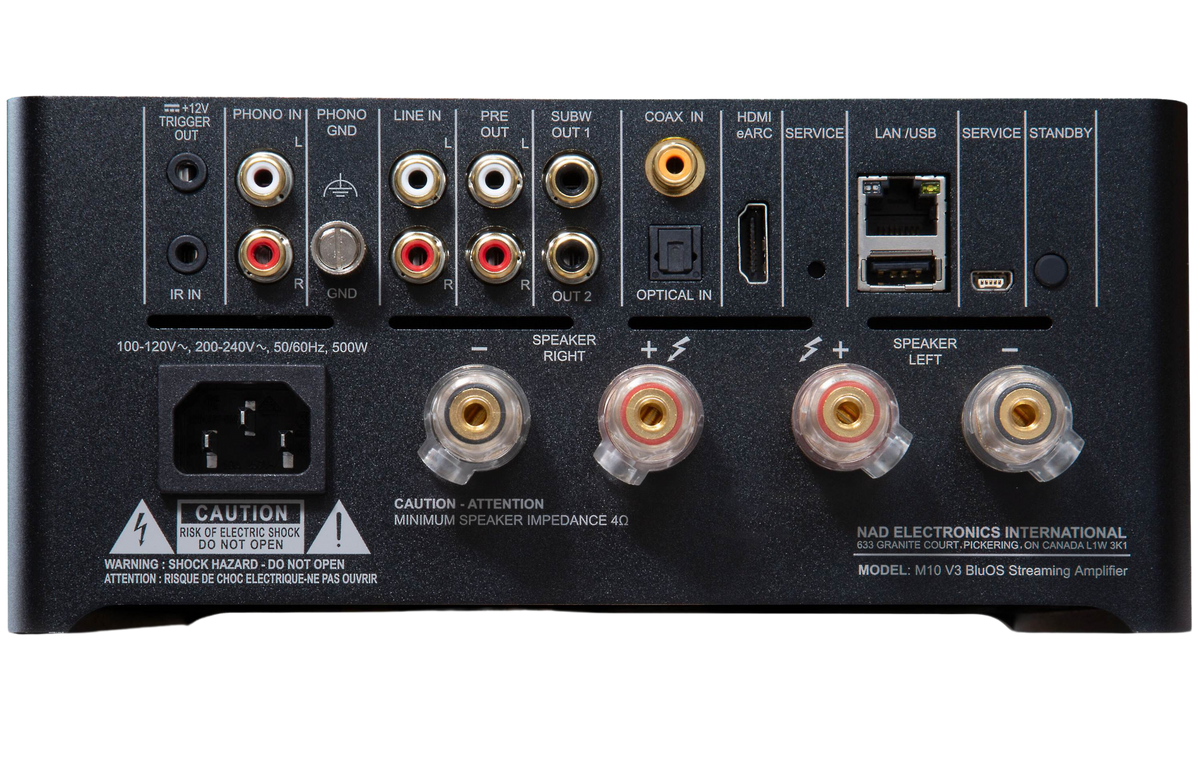 NAD M10 V3 stereo amplifier with sleek black design, front panel with control knobs and display screen.