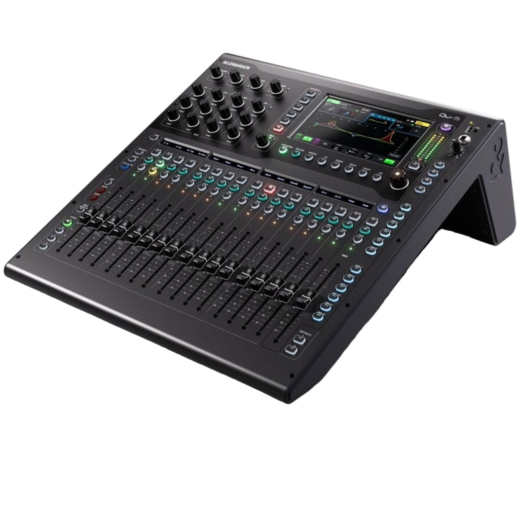 Allen & Heath Qu-5D digital mixer with Dante audio interface, angled view showing control panel and input/output connections