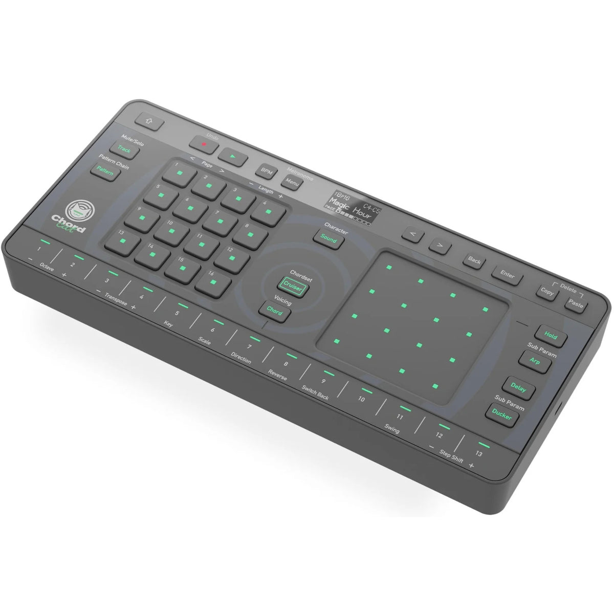 AlphaTheta ChordCat DJ pad controller, device angled top view.