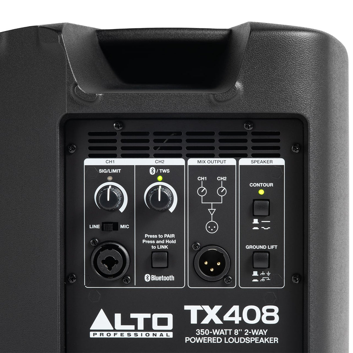 Alto Professional TX408 active PA loudspeaker, rear panel and connections