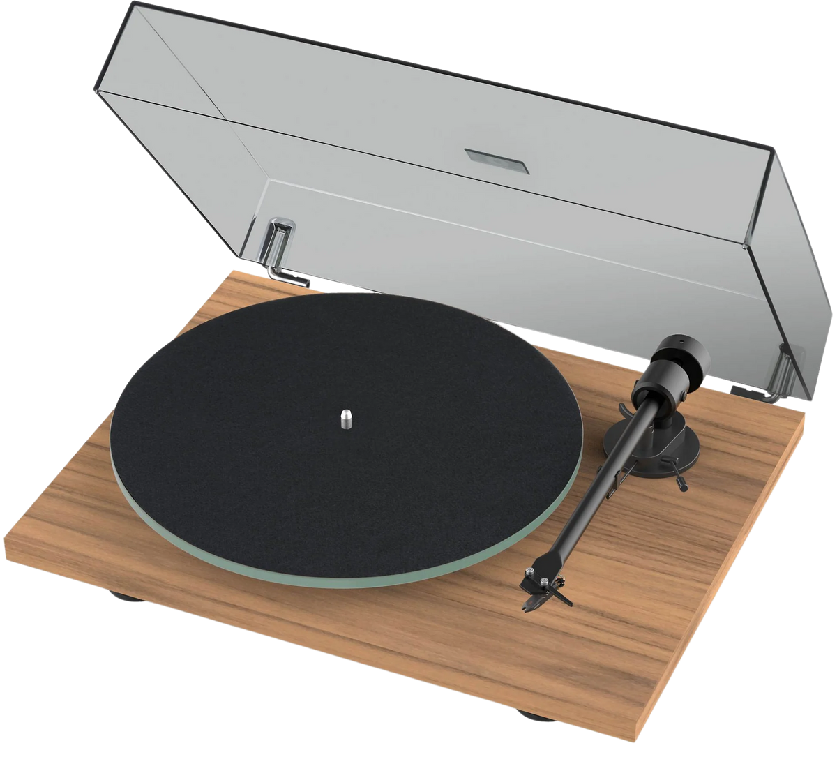 Pro-Ject T1 EVO turntable with sleek wooden plinth, tonearm and platter, showcasing modern audio equipment design.